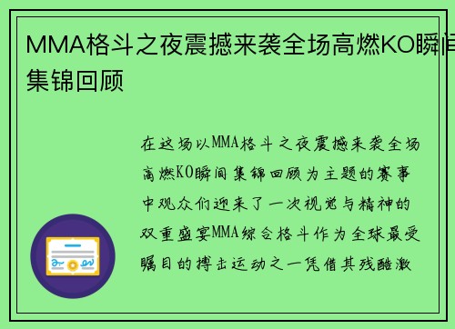 MMA格斗之夜震撼来袭全场高燃KO瞬间集锦回顾