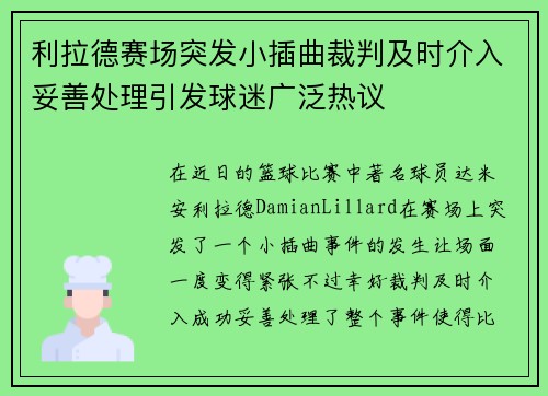 利拉德赛场突发小插曲裁判及时介入妥善处理引发球迷广泛热议
